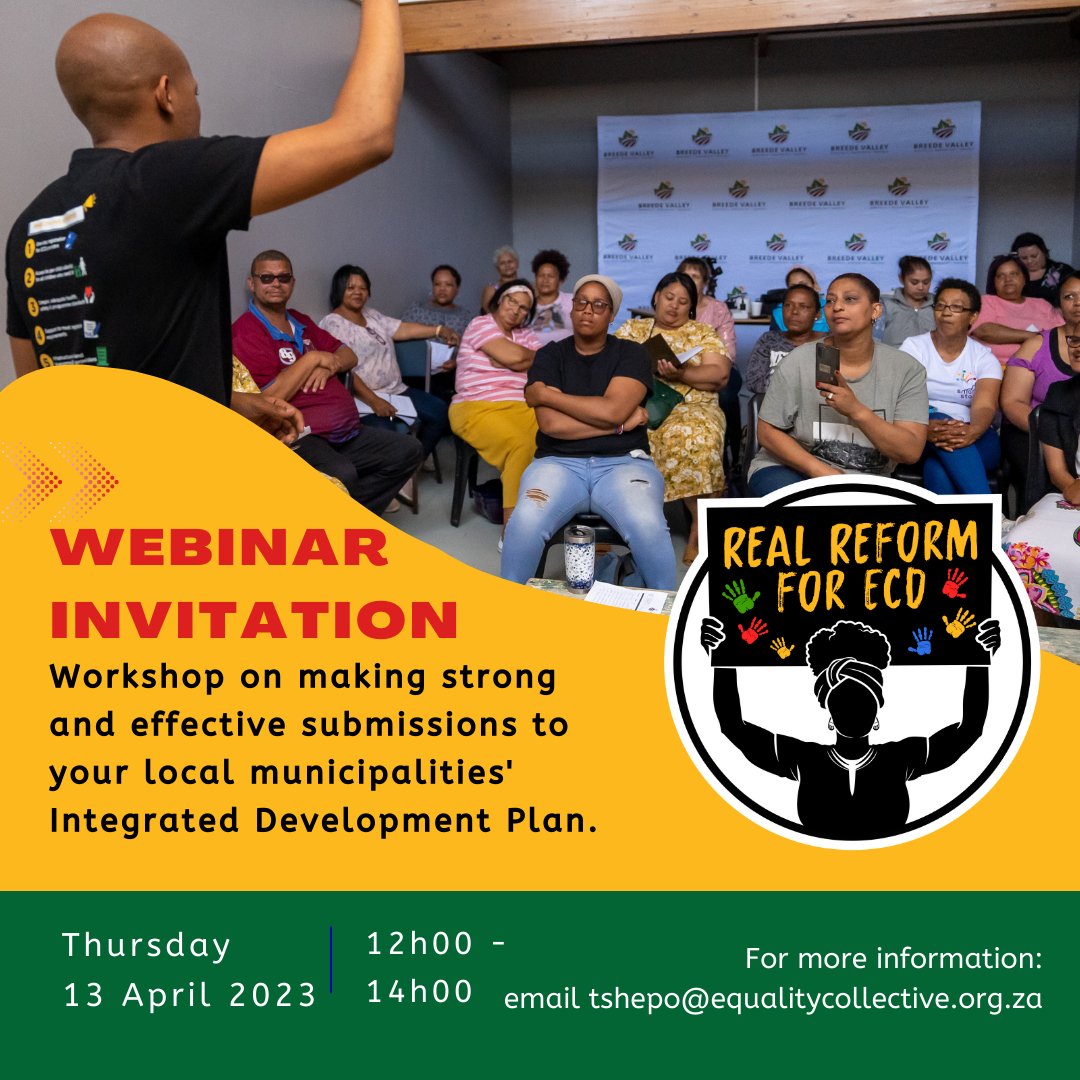 Real Reform for ECD (RR4ECD) (@ecdreform) on Twitter photo Our webinar is underway!
Join us here: us02web.zoom.us/meeting/registโฆ
Tshepo Mantje, the Right to ECD coordinator for <a href="/EqCollectiveSA/">Equality Collective</a>, starts his presentation on how you can get ECD prioritised in your municipality.
#ECD #Municipalities #IDP Our webinar is underway!
Join us here: us02web.zoom.us/meeting/registโฆ
Tshepo Mantje, the Right to ECD coordinator for <a href="/EqCollectiveSA/">Equality Collective</a>, starts his presentation on how you can get ECD prioritised in your municipality.
#ECD #Municipalities #IDP