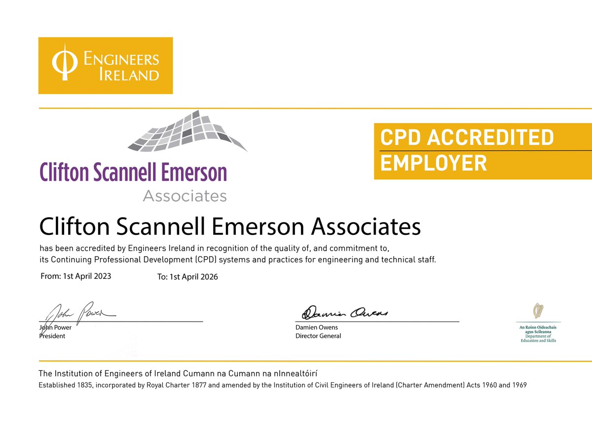 CSEA are delighted to have been awarded Engineers Ireland “CPD Accredited Employer” status for a further, maximum, three-year period. 
A real vote of confidence in our commitment to Continuing Professional Development for the benefit of our staff, our company, and our clients.