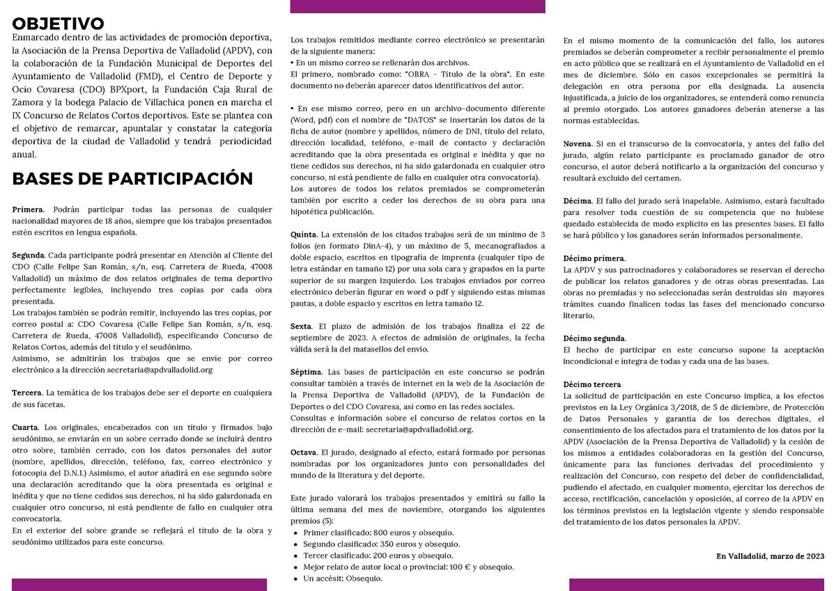 santihidalgoch's tweet photo. Si te gusta escribir y contar cosas sobre deporte, no te pierdas esto. ⬇️Convocada la IX edición del Concurso de relatos cortos deportivos @APDValladolid 
#escritores #relatos #Deporte .
@AyuntamientoVLL @cdo_covaresa @RuralValladolid #PalaciodeVillachica https://t.co/ztBujXTXFq
