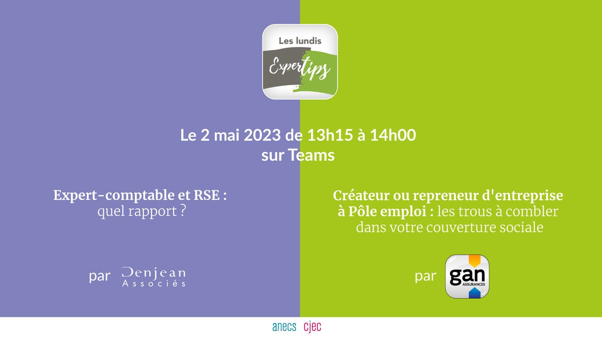 ANECS (@anecsnational) on Twitter photo Ne manquez pas le prochain #webinaire Exper'Tips!
Au programme :
โข Crรฉateur ou repreneur d'entreprise ร Pรดle emploi : les trous ร combler dans votre couverture sociale <a href="/Gan_Assurances/">Gan Assurances</a>
โข Expert-comptable et RSE : quel rapport ?<a href="/DenjeanAssocies/">Thierry Denjean</a>
๐docs.google.com/forms/d/15Jlhkโฆ Ne manquez pas le prochain #webinaire Exper'Tips!
Au programme :
โข Crรฉateur ou repreneur d'entreprise ร Pรดle emploi : les trous ร combler dans votre couverture sociale <a href="/Gan_Assurances/">Gan Assurances</a>
โข Expert-comptable et RSE : quel rapport ?<a href="/DenjeanAssocies/">Thierry Denjean</a>
๐docs.google.com/forms/d/15Jlhkโฆ