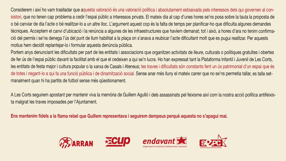 ⚠️ El Districte de Les Corts ens impedeix la realització d'un acte pel 30è aniversari de l'assassinat de Guillem Agulló amb traves burocràtiques en no considerar-lo de rellevància pública 

Ens mantenim fidels a l'espurna rebel que Guillem va encendre i seguirem dempeus🔥