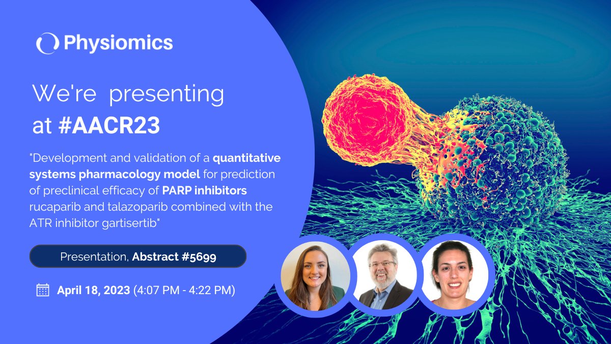 Physiomics's tweet photo. @Physiomics is thrilled to be presenting alongside @Merckgroup at #AACR23. We'll be discussing how our latest #QSPmodel can be applied to optimise the dosing regimens of PARP and ATR inhibitor combinations & help with clinical dosing strategy. Tues 18/04 (4:07 PM-4:22 PM) #PYC https://t.co/2vzDaYVs4S