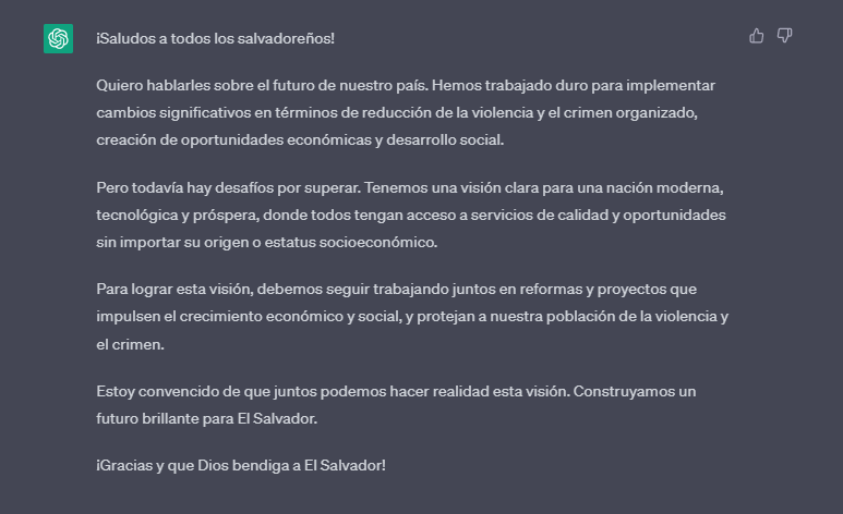 emigipi's tweet photo. @catedraa Le pedi a el ChatGPT de @OpenAI que escriba un discurse emocionante de 30 segundos dicho por el actual presidente de El Salvador Nayib Bukele sobre el futuro del país. https://t.co/q94HUDVXME