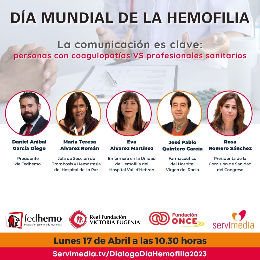 fedhemo's tweet photo. 'La comunicación es clave: personas con coagulopatías vs profesionales sanitarios' por #DiaMundialHemofilia 
📍@Servimedia
⏰10:30 de la mañana   
🗓️Lunes 17 de Abril  
Apuntarse 👇
https://t.co/LnYsxQ0PhK
 #RetoPrendaRoja #Fedhemo #LovoyaLograr #Hemofilia https://t.co/SNciIl8ou8