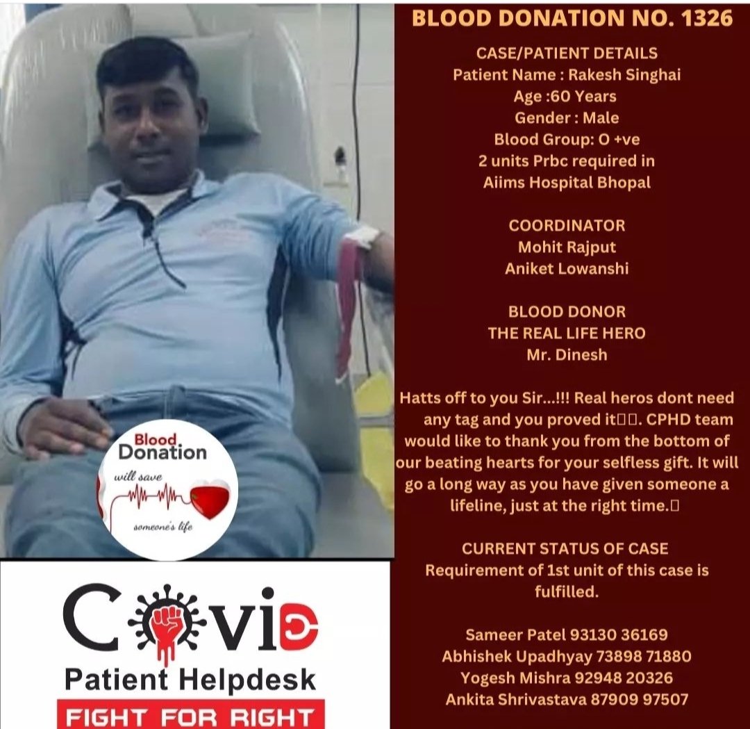 covidpatienthd's tweet photo. BLOOD DONATION NO. 1326

#Blood #donateblood #BloodDonation #saveslife #lifematter #lifesaver #BHOPALNGO
#BHOPALHELPINGHAND #CPHDFOUNDATION❤️❤️ https://t.co/46tzzFr8Wx