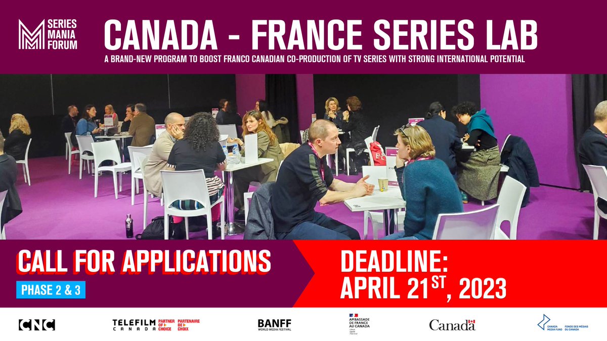 📡The Canada-France Series Lab opens a new call for 🇨🇦🇫🇷📺 producers duos. On the agenda: work sessions w/experts at the @BanffMedia (June 11-14,23), online mentoring (Sept.23-Mar.24) and pitch session at #SeriesManiaForum 2024.
➡️ Apply before April 21st: seriesmania.com/forum/en/canad…
