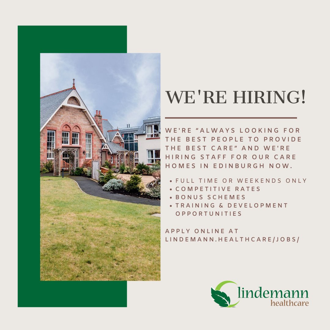 **WE’RE #HIRING** We're “always looking for the best people to provide the best care” & we’re currently recruiting #CareAssistants & #Housekeepers for our care homes in Morningside, Colinton Village & Juniper Green, #Edinburgh.
 
Apply at lindemann.healthcare/jobs/

#edinburghjobs