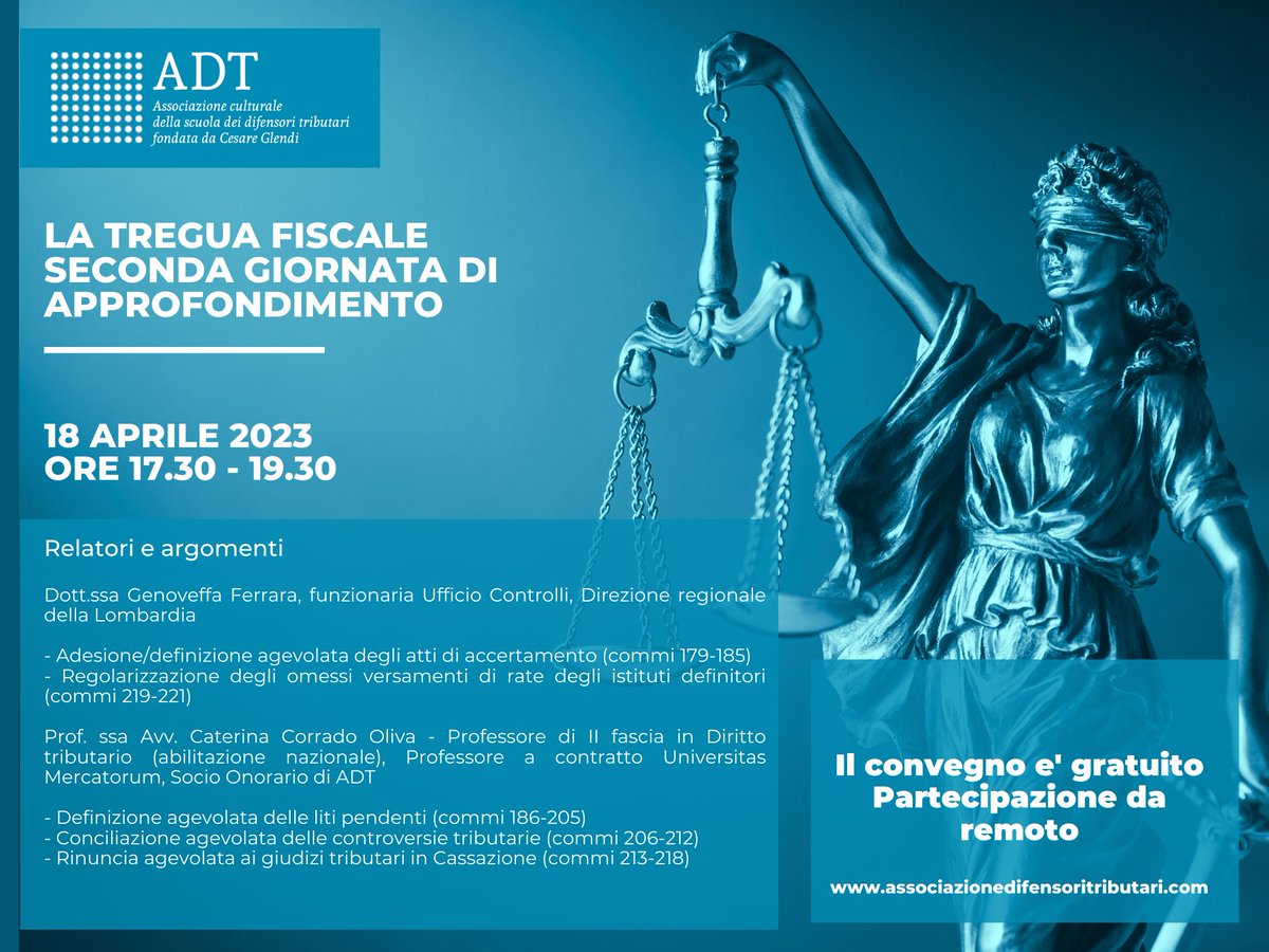 Seconda giornata di approfondimento sulla tregua fiscale proposta da #ADT Associazione culturale della scuola dei difensori tributari.
Iscrizione gratuita al link: associazionedifensoritributari.com/event-details/…
#treguafiscale #processotributario #contenziosotributario #taxlitigation