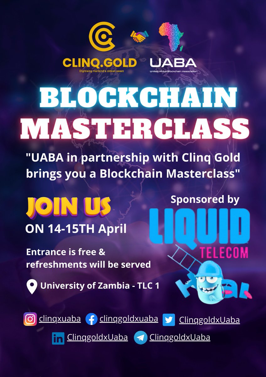 UABA_Africa's tweet photo. 🥳We are happy to announce that @LiquidInTech is our official fiber sponsor for the Blockchain Masterclass.

Don't miss out!!!

Register here: https://t.co/88Vg1cialG
#Blockchainmasterclass #UABAxClinqgold #Education #TimeForAfrica https://t.co/Su5ypYWxlv