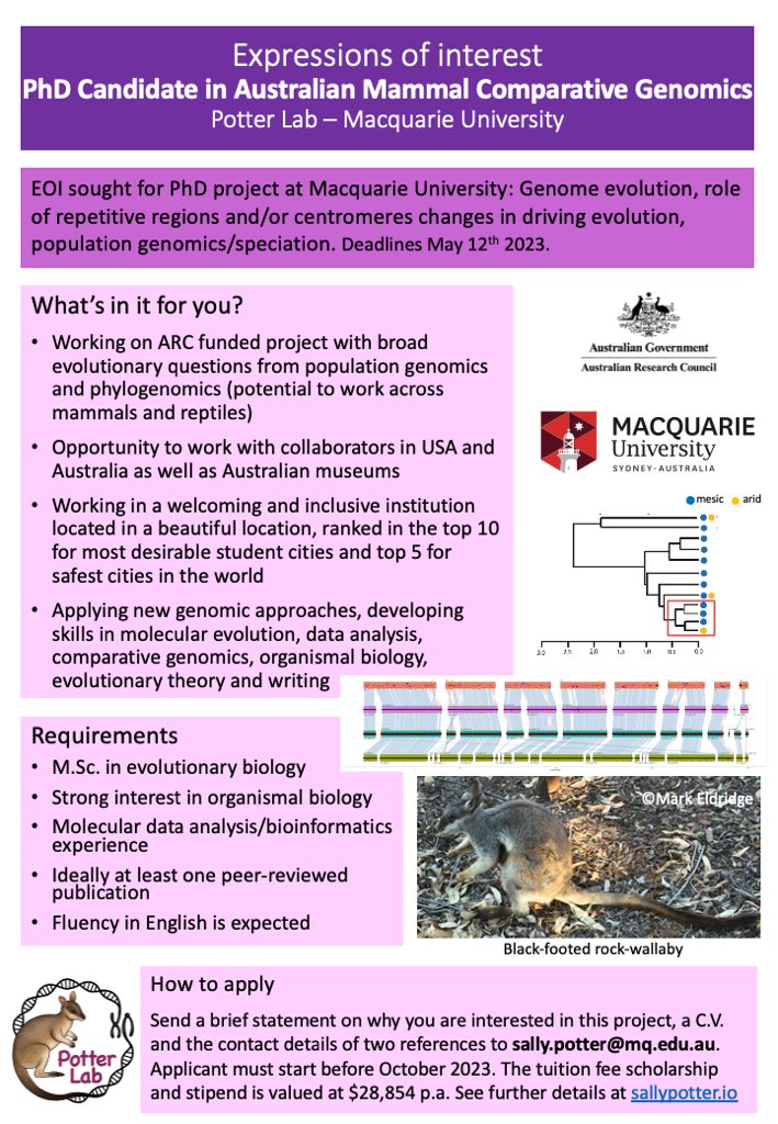 I am recruiting a PhD student for 3 years to work on comparative genomics of Australian mammals @mqnatsci under an @arc_gov_au grant (details below). Please share/RT and apply. Deadline for expressions of interest 12th May 2023. Must start by Oct 2023. #phdpositions