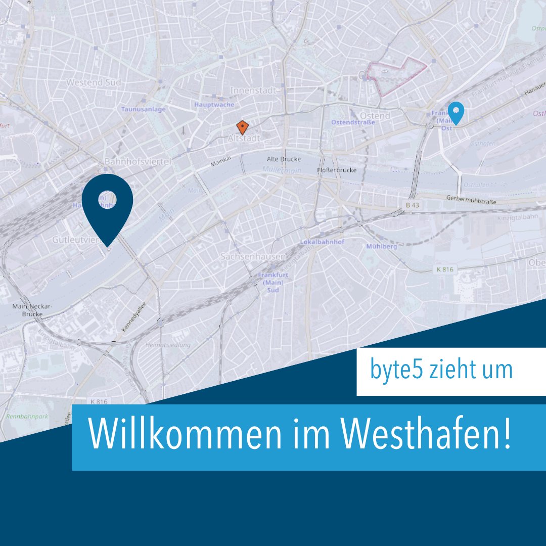 byte5's tweet image. Nach 7 Jahren hieß es vergangenen Monat Abschiednehmen. Vom schönen Ostend ging es für das #byte5-#Team am 1. April an den Frankfurter Westhafen. Hier freuen wir uns nun über mehr Platz, größere Flexibilität &amp;amp; zentrale Lage mit Blick auf den Main. 🤩bit.ly/3UFc2zN
#umzug