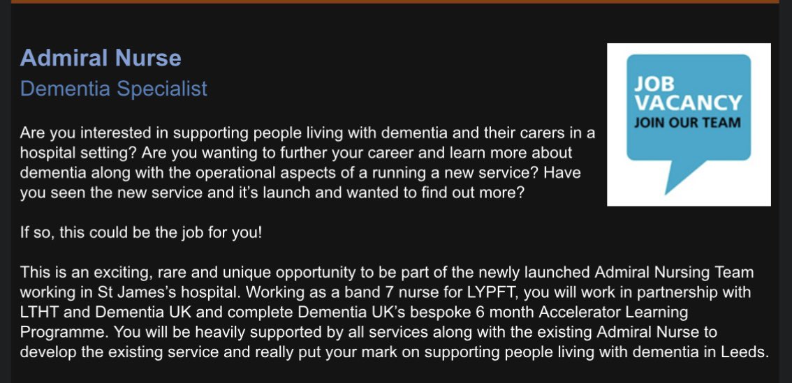 ❗️Admiral Nurse Leeds job vacancy ❗️
5 days left to apply!! 

This is your time to be an #admiralnurse at St James’ @LeedsandYorkPFT @LeedsHospitals @DementiaUK 

Come join me in this rare opportunity to develop an amazing #dementia service!
Close 18/04 

beta.jobs.nhs.uk/candidate/joba…