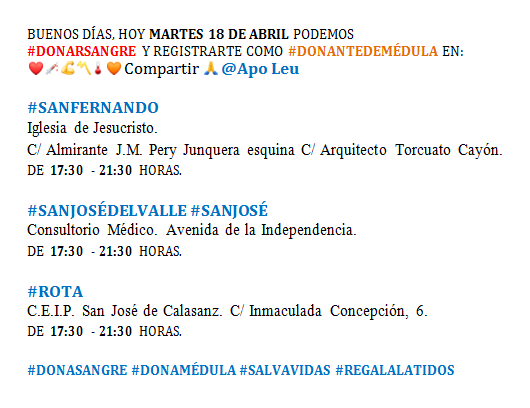 ApoLeuJerez's tweet photo. MARTES 18 DE ABRIL PUEDE #DONARSANGRE Y REGISTRARSE COMO #DONANTEDEMÉDULA
@ApoLeu EN ❤️💉💪〽️🌡🧡 RT🙏

#SANJOSÉDELVALLE #SANJOSÉ
@SanJosdelValle @clinicasanjose_ @videosvalle @PopularesSJV @webdelvalle

#ROTA
@AytoRota @RotaDirecto @Viva_Rota @InfoRota

#DONASANGRE #DONAMÉDULA https://t.co/8o7gVOhxes