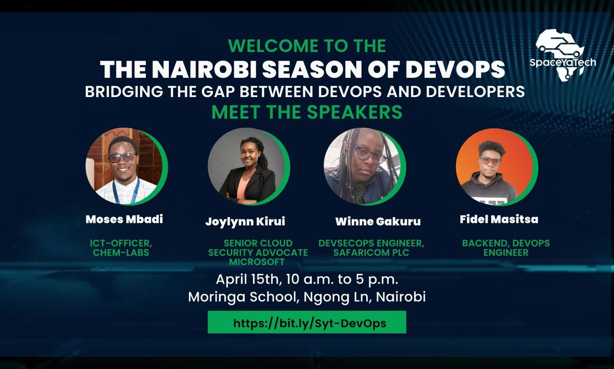 Happening on Saturday is the @SpaceYaTech's Nairobi Season of DevOps, whose theme will be bridging the gap between DevOps and developers. It will be hosted in Moringa School with amazing speakers on the lineup. Come listen to them and ask questions on the AMA session #SYTDevOps