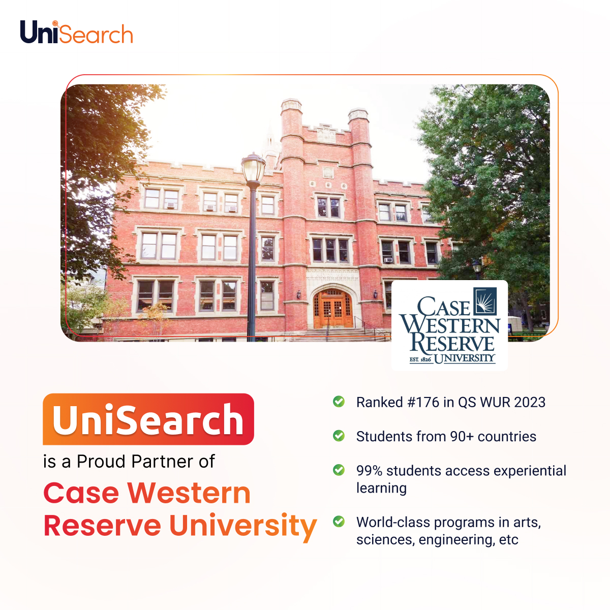 UniSearch is delighted to partner with @cwru, a global top 200 institution and one of the leading universities in the USA.

#CaseWesternReserveUniversity #StudyintheUSA #UniversityPartner #studyabroad #unisearch #myunisearch #edtech