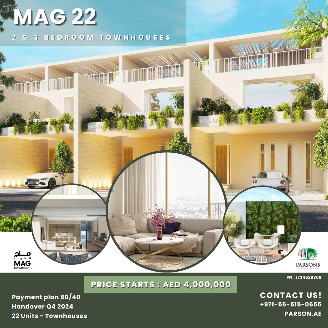 These 22 limited luxurious townhouses.
🔸 2 bedroom: AED 4,000,000
🔸 3 bedroom: AED 5,500,000

 Contact us and book now!
📲 +971 56 5150655
📧 sales@parson.ae
🌐 parson.ae

#parsonrealestate   #mag #mag22 #meydan #mbrcity