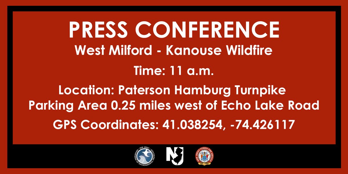 PRESS CONFERENCE: West Milford Twp, Passaic County – Kanouse Wildfire

Today at 11 am at the Paterson-Hamburg Turnpike parking lot in West Milford, <a href="/njdepforestfire/">New Jersey Forest Fire Service</a>  will provide a status update on the major Kanouse wildfire in the area of the Route 23 and Echo Lake Rd.