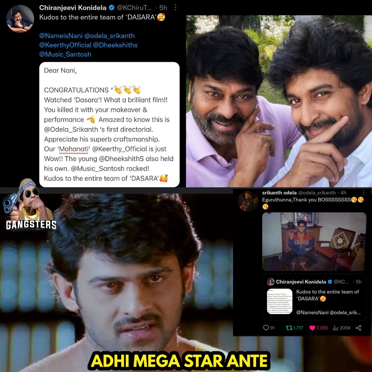 GANGSTERS_1's tweet photo. Megastar @KChiruTweets Congratulates Team #Dasara 🎊🎊🎉
#blockbusterdasara https://t.co/koWucSLd0t