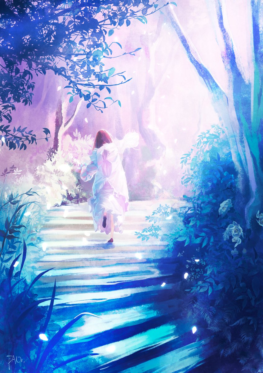 tree outdoors 1girl nature plant stairs signature  illustration images