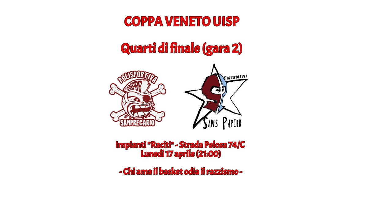 SanPrecario2007's tweet photo. La festa del basket popolare veneto!

I precari e gli amici di Schio del Sans Papier si incontrano per gara 2 dei quarti di Coppa Veneto UISP, dopo la vittoria in trasferta dei precari. 
Un bell'evento di sport popolare e antirazzista!

#SP07 #AmailBasket #OdiailRazzismo 🏀🏴‍☠️ https://t.co/kT5vi1OcIL