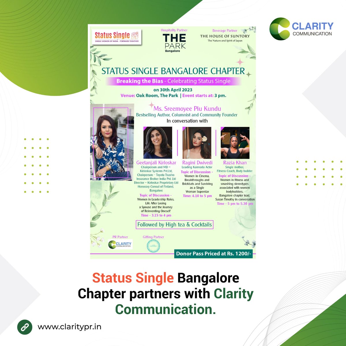 ClarityPRAgency's tweet image. Delighted to share that Clarity Communication is PR partner for the Status Single Bangalore Chapter event happening on the 30th of April 2023!
@SowmyaIyer13 #prpartner #Bangalore #celebratingsuccess #statussingle #breakingbarriers #stereotype #insightful #strongwomen #empowering