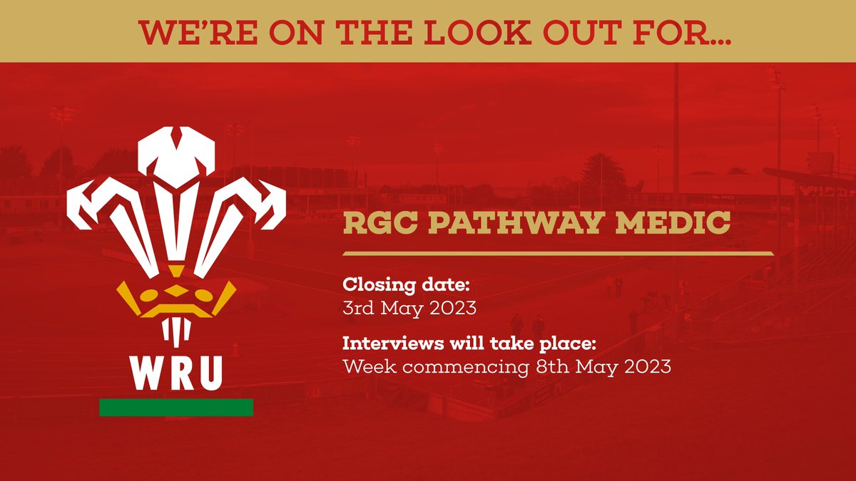 📣 Vacancy

We're looking for a RGC Pathway Medic

Apply here now 👉 bit.ly/2T46Owc

🏴󠁧󠁢󠁷󠁬󠁳󠁿 #WelshRugby