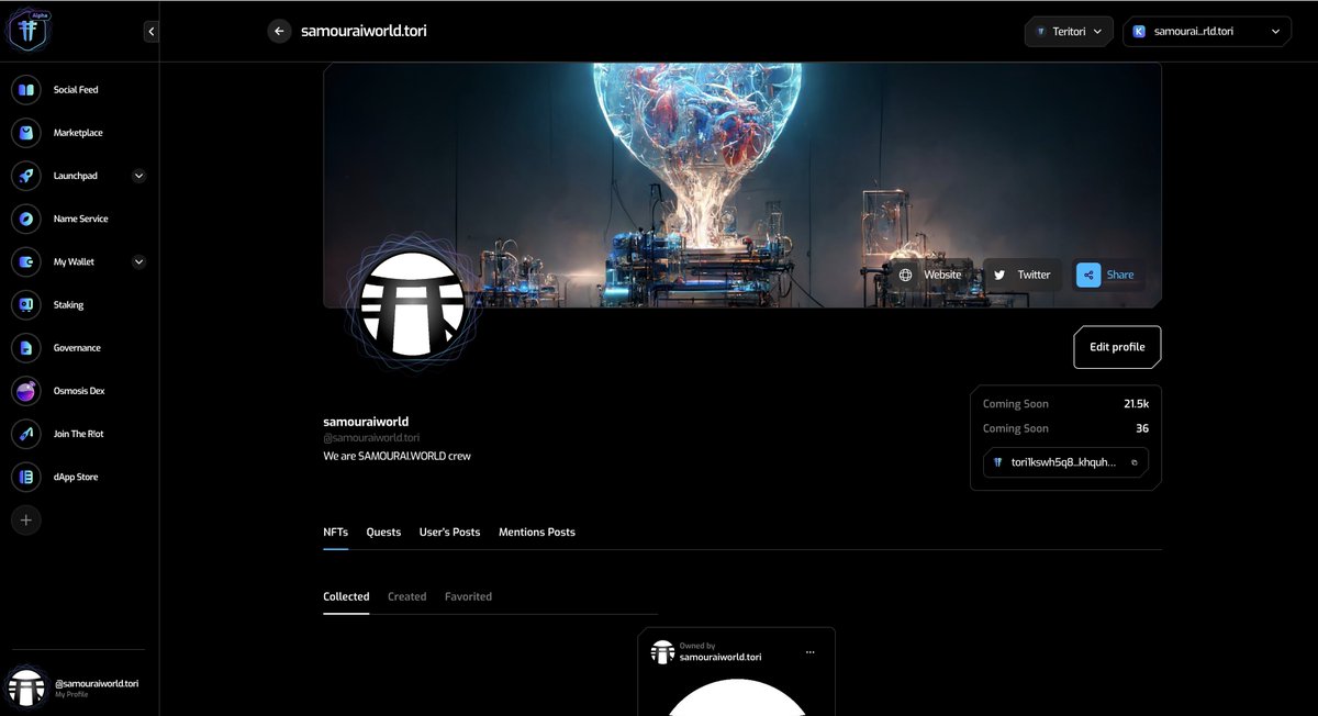 We just acquired our 'samouraiworld.tori' handle on <a href="/TeritoriNetwork/">Teritori ⛩️</a>, which will allow me to use the decentralized Social Hub! ⛩️ Let's share our content in a censorship resistant way now.
Alpha v0.1's live 🔥
app.teritori.com/user/tori-tori…
#Teritori #Alpha #SocialHub #Cosmos #IBCGang