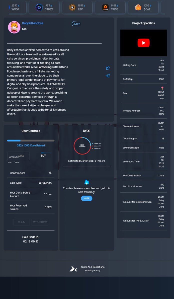 Babykittencoin's tweet photo. 282 Core raised already from 1000 core soft cap Join the fairlaunch
if we hit soft capp it means that the sale is now successful and will launch after the timer.
Use this link to purchase https://t.co/RWkIxQ7Q51
#BKC #CoreDAO #CoreDao_Org #BKIF https://t.co/jw8M3XjvJw