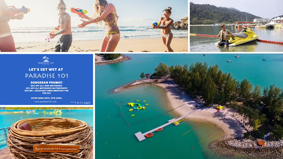 NaamAdventure's tweet photo. Join us to celebrate the amazing #SongkranFestival at Paradise 101 Langkawi! Get 40% off all non-motorized watersports and 20% off all motorized watersports, plus Zipline and Aquapark for free. Don't miss out this promo! Get exclusive discounts and deals until 15th April 2023. https://t.co/XohmqiTzyz