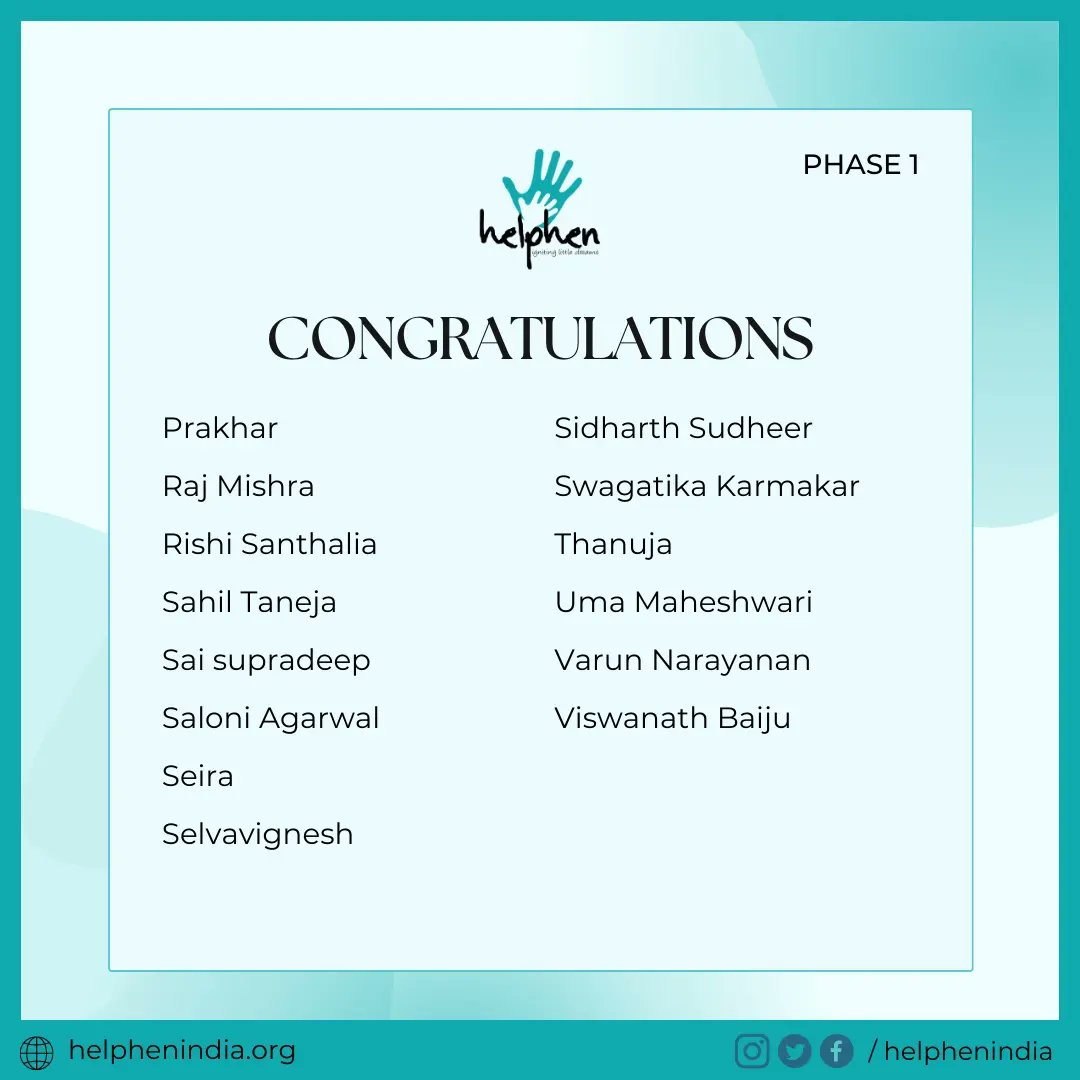 HelphenIndia's tweet photo. Our warmest congratulations go out to the successful #recruits who have made it to #HelphenIndia after the interviews. We welcome you all and are eager to see the impact you will have in helping us achieve our #mission of 'Igniting Little Dreams'. https://t.co/Qh11ab2U6g