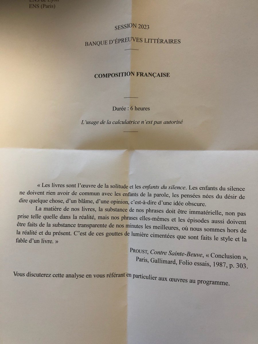 CPGE_Condorcet's tweet photo. Jour 3 du concours des #ENS #BEL.
Sujet de l'épreuve de lettres tiré du "Contre Sainte-Beuve" de Marcel Proust: https://t.co/QJ7TCKEGIc