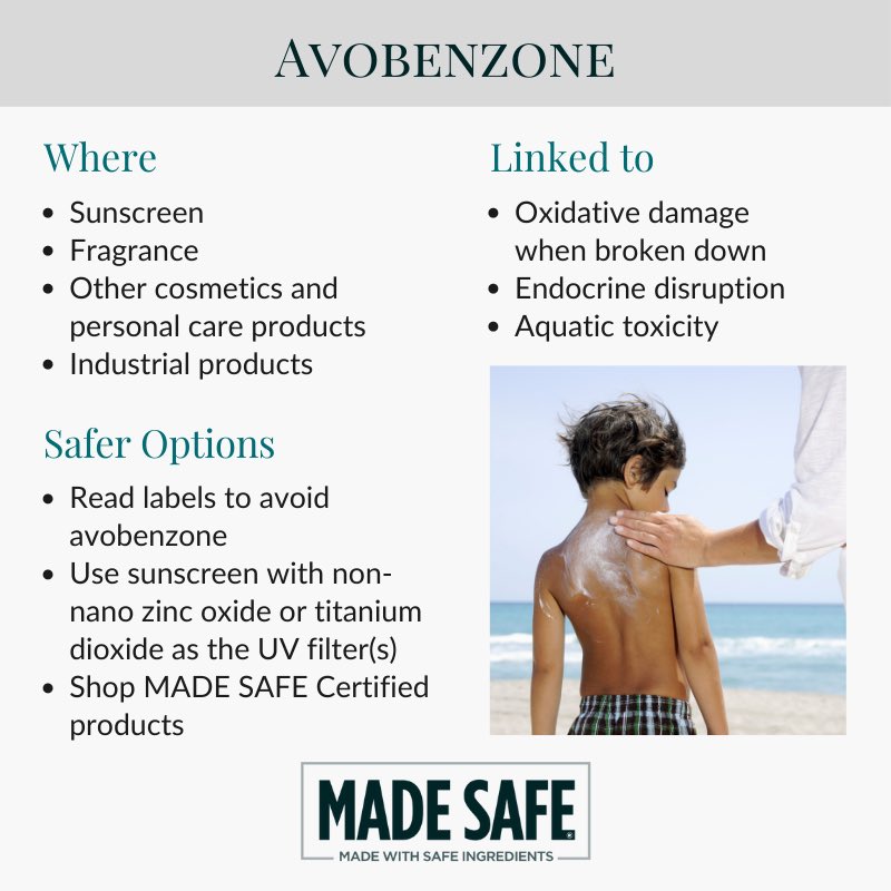 madesafehq's tweet photo. Avobenzone has exhibited adverse health effects in aquatic life and human metabolic function. Learn how to avoid it here: https://t.co/UPyIRZoKsi
#sunscreen #avobenzone #reefsafe #madesafe #thursdaymorning #cleanbeauty #greenbeauty https://t.co/Fok7JZPEna