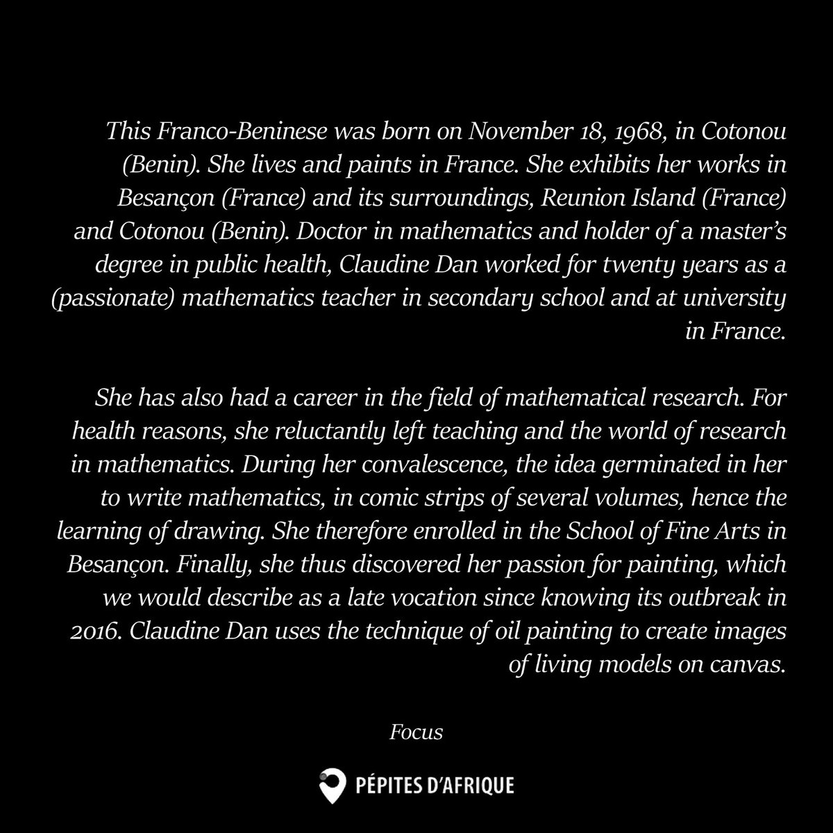 DPepites's tweet photo. 📍 Focus 📍 

@claudinedan2 

Visual artist @pepitesdafrique 

•

Le lien dans notre bio.

•

#contemporaryart #affordableart #artgallery #buyart #artcollector #artevisual #femininartist #wasexo #artdubenin https://t.co/bjqnrfyvZU