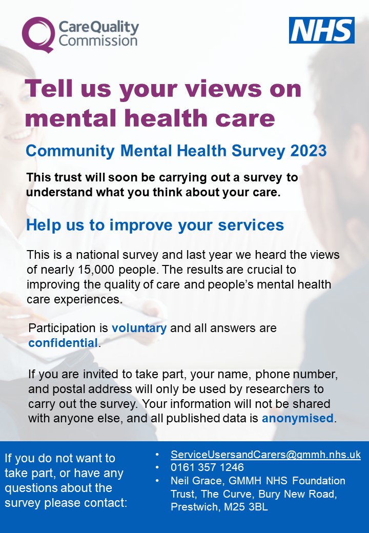 GMMH_NHS's tweet photo. If you have recently received community mental health care from the NHS, you may soon get an invitation in the post to fill out the national Community Mental Health 2023 survey. For more info or to opt out, please contact ServiceUsersandCarers@gmmh.nhs.uk https://t.co/HiBVuXNxhN