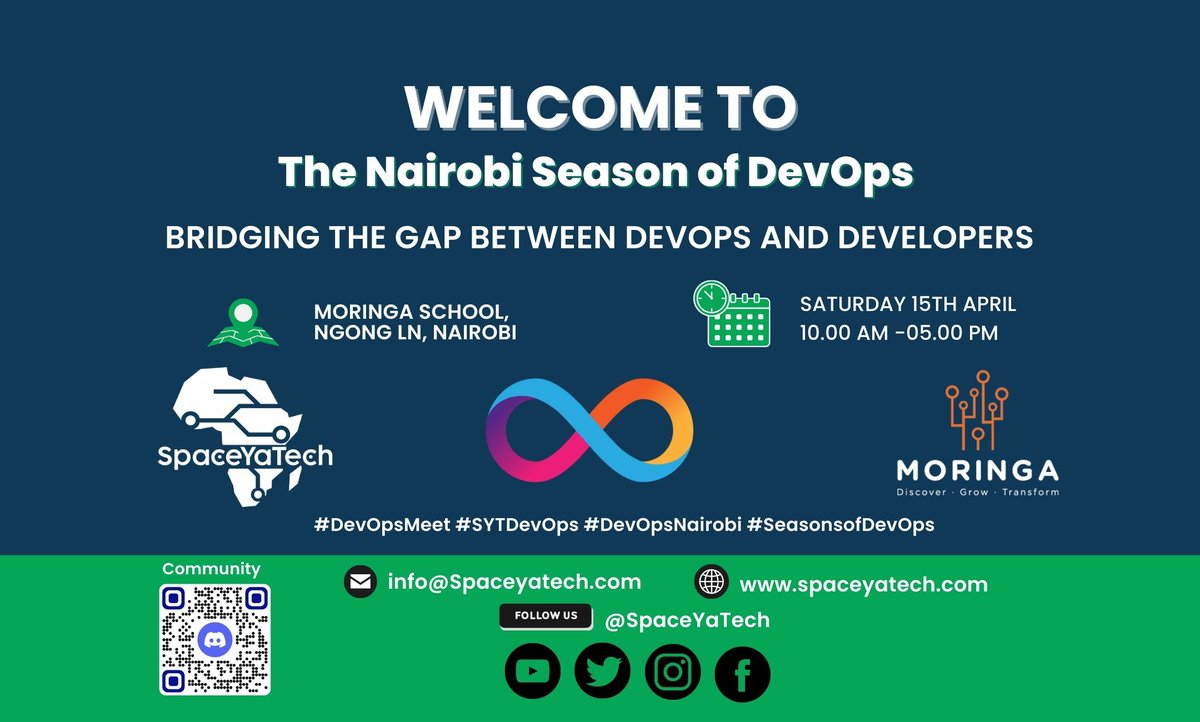 SpaceYaTech's tweet photo. The Nairobi Season of DevOps, taking place on Saturday, having a theme Bridging the gap between  developers and DevOps. It will be held at @moringaschool and feature some incredible speakers. 
There will be an AMA session where you'll get to ask #DevOps questions #SYTDevOps https://t.co/DheT8filmy