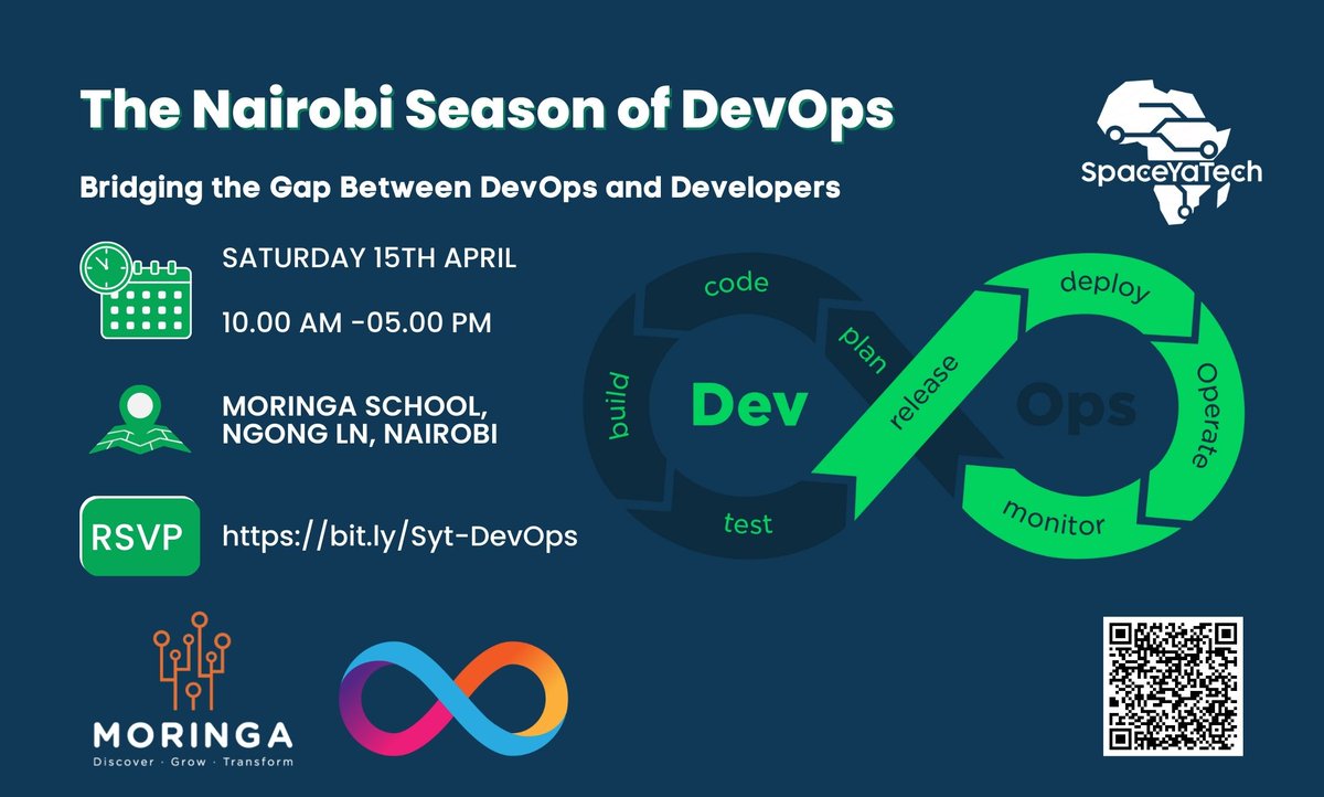 SpaceYaTech's tweet photo. The Nairobi Season of DevOps, taking place on Saturday, having a theme Bridging the gap between  developers and DevOps. It will be held at @moringaschool and feature some incredible speakers. 
There will be an AMA session where you'll get to ask #DevOps questions #SYTDevOps https://t.co/DheT8filmy