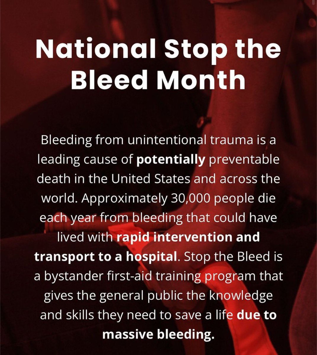 NARescue's tweet image. Be the difference!
@stopthebleedmonth 
#NSTBM is coming in May. Go get trained or go train others how to control hemorrhage. stopthebleedmonth.com

#stopthebleed #savinglives #beprepared #bethedifference