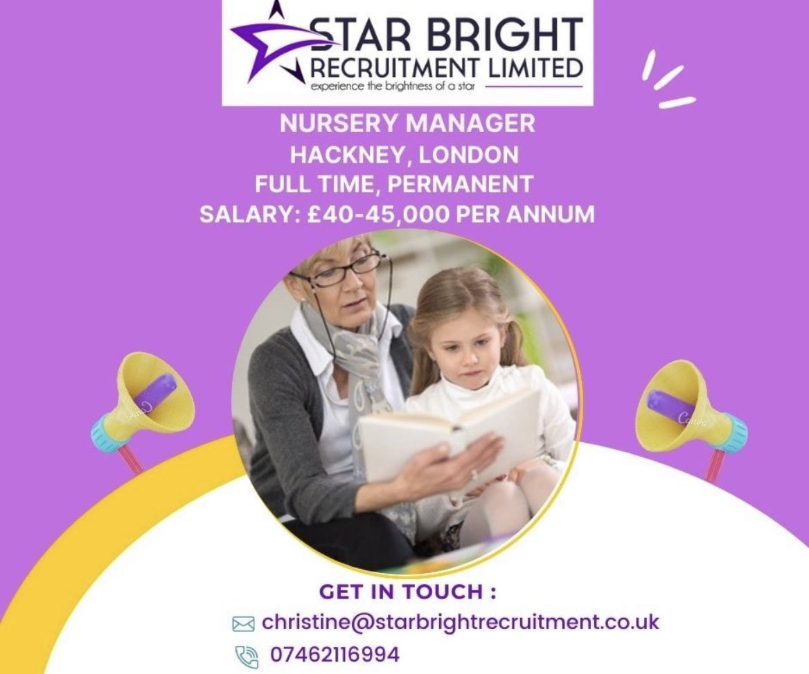 StarBrightRecr1's tweet photo. NEW STAR JOB OPPORTUNITY!
 
 Position: Nursery Manager
 
 Location: Hackney, London
 
 Salary: £40-45,000 per annum + fantastic benefits
 
 Please get in touch with Christine on:
 
 M: 07462116994
 E: christine@starbrightrecruitment.co.uk
 W: https://t.co/AMvw7mWr4J

 #jobsearch https://t.co/Z22GYXuKhz