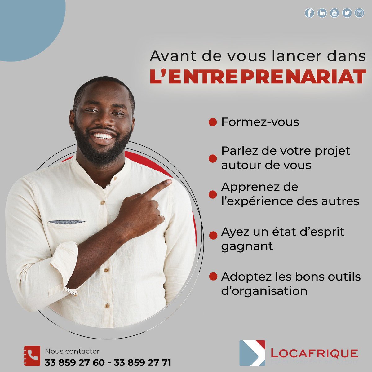 5 choses à savoir avant de se lancer dans l'entreprenariat !
#Locafrique #Entreprenariat #Financement #PME #Senegal