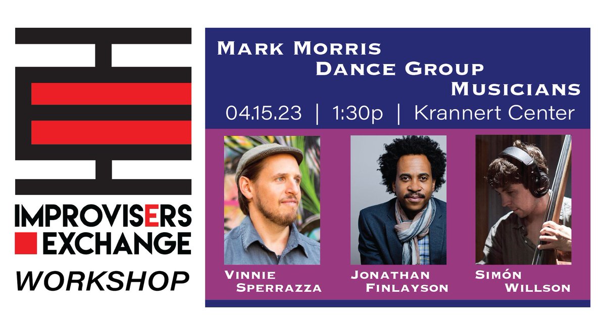 Musicians in <a href="/MarkMorrisDance/">Mark Morris Dance Group</a> are giving an #ImprovisersExchange workshop 1:30pm Sat at #KrannertCenter. #NYC Jazz heavyweights Simón Willson (bass), Vinnie Sperrazza (drums), &amp; Jonathan Finlayson (trumpet) discuss how improvisation helps their practice. facebook.com/events/1905869…