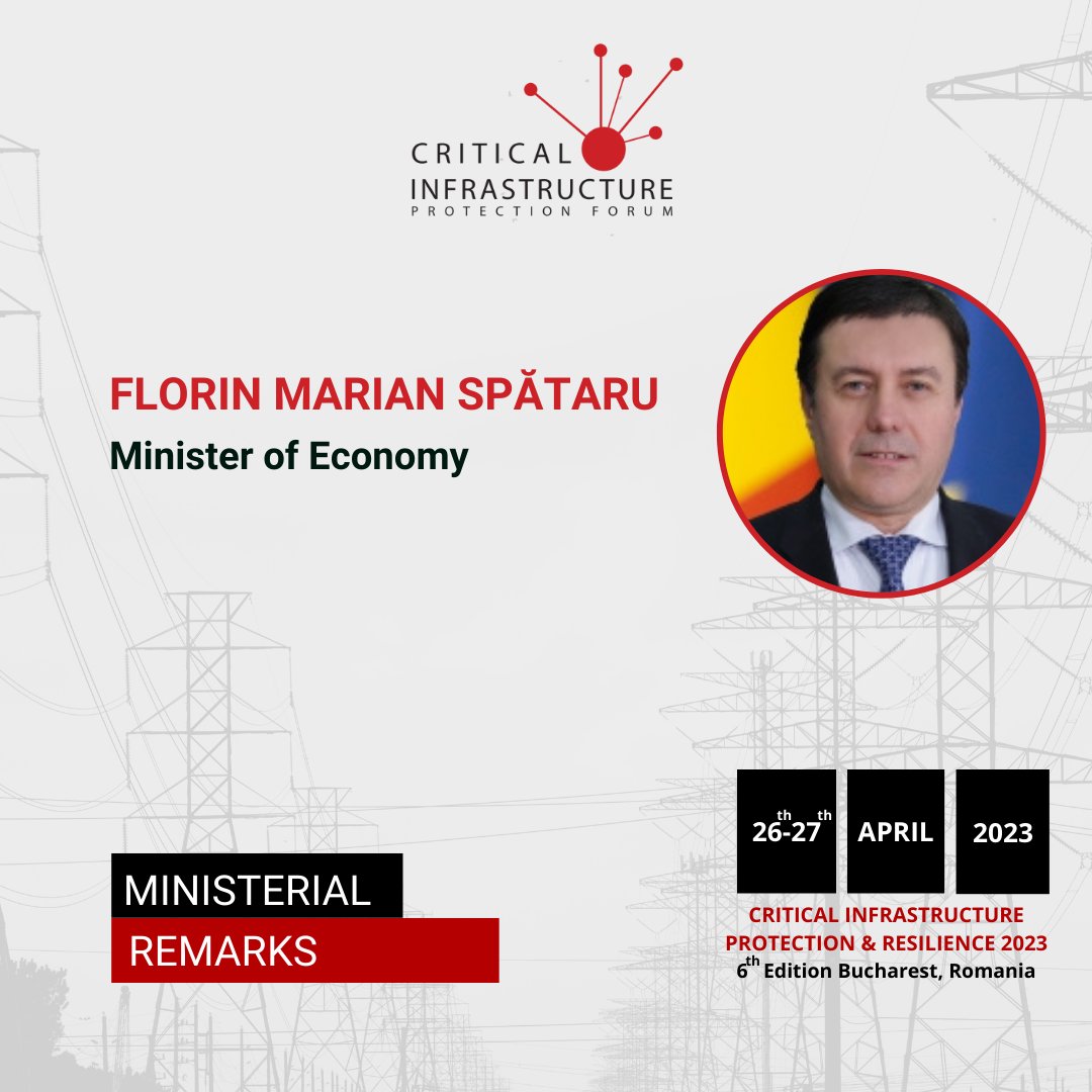 CipForum's tweet image. We have the privilege to announce Mr. Florin Marian Spătaru, Minister of Economy, as a speaker during @CipForum - Critical Infrastructure Protection &amp;amp; Resilience Europe 2023.
Discover more about the event here: cip-forum.ro
#CIPForum #CIPForum6 #CriticalInfratructure