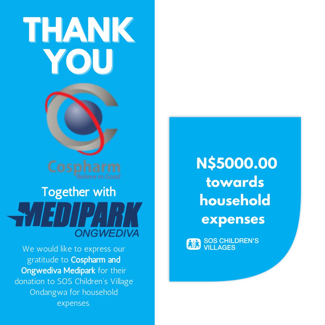 SOSCVNAMIBIA's tweet image. We would like to express our gratitude to @Cospharm and Ongwediva Medipark for their donation to SOS Children&apos;s Village Ondangwa for household expenses.

#donorrecognition #buildavillageofhope #thankfulthursday #thankyou #donation #community