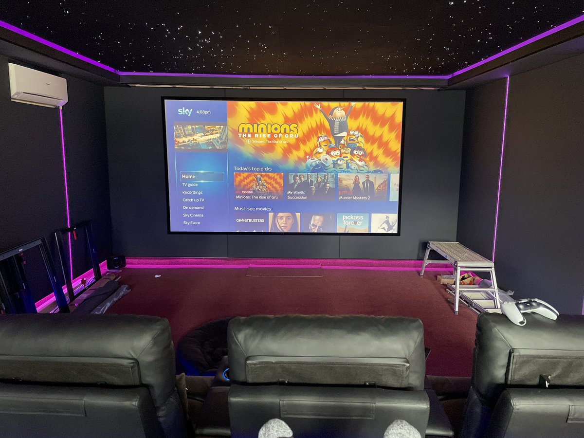 Latest home cinema project coming along nicely, some lighter grey fabric halo panels with led back lighting to be added to side walls to add a bit of texture to the room, calibration and the room will be handed over. 4k projector with atmos surround sound.