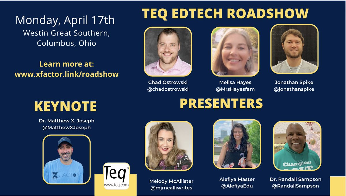 Stop one on the @TeqProducts #EdTech Roadshow is stacked with impactful presenters. Join @MrsHayesfam @RandallSampson @AlefiyaEdu @jonathanspike @chadostrowski @mjmcalliwrites on Mon, April 17th Westin Great Southern, Columbus, Ohio Learn more at:...