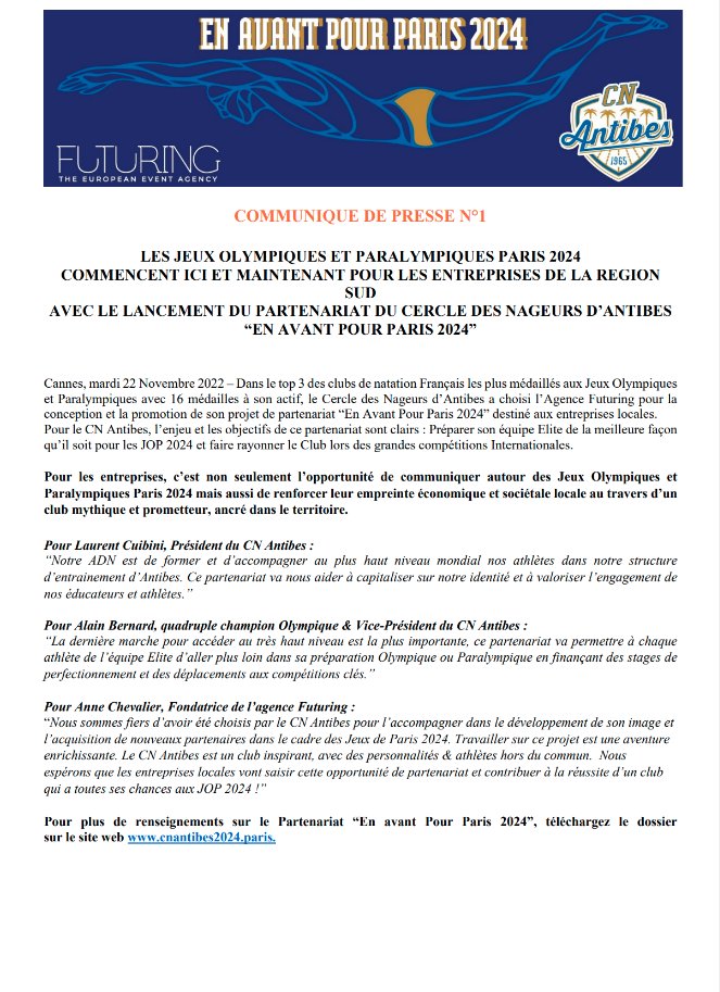 CNAntibes's tweet image. 🏊‍♂️🏊II COMMUNIQUÉ DE PRESSE II

Les JOP Paris 2024 commencent ici et maintenant !
@FuturingEvents nous accompagne dans notre projet #enavantpourparis2024. 
Entreprises de la #regionsud, nous avons besoin de vous !

#CNAntibes #elitecna #natation #paranatation #Paris2024 #mecenat