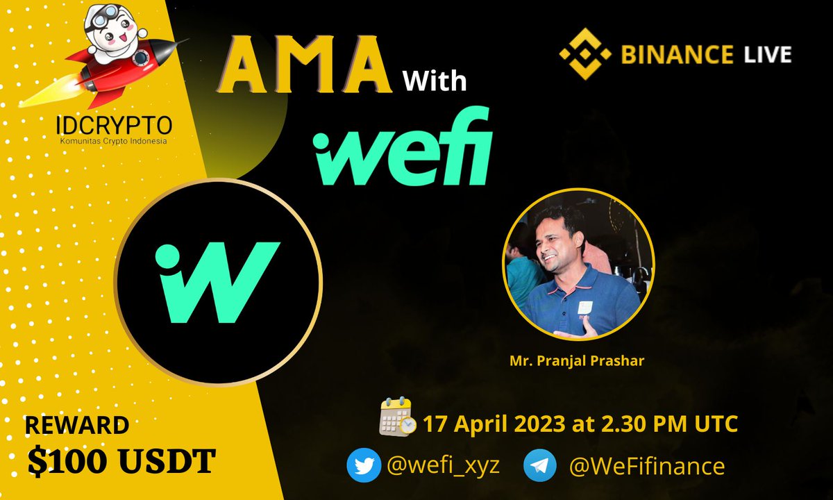 We are pleased to announce our Live AMA with with WeFi Protocol on 17 April 2023 at 2.30 UTC

Venue:   binance.com/en/live/video?…
Reward: $100 USDT

Task
Follow <a href="/wefi_xyz/">WeFi</a> <a href="/idcryp_to/">IDCrypto</a>
Join t.me/WeFifinance

Like Retweet &amp; Submit question👇 (Max 3 questioquestions)