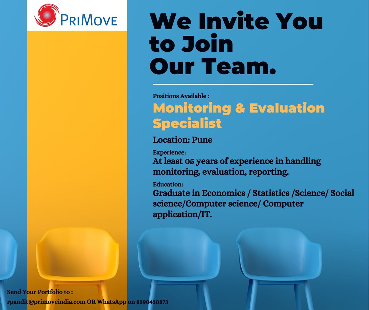 PriMove_'s tweet photo. Urgently hiring for Monitoring &amp; Evaluation Specialist.

Interested can share profile at rpandit@primoveindia.com OR WhatsApp on 8390430873
Know more: https://t.co/p8SJAoYvxK

@TheBrickBat_007  @PuneJobsOrg @punejobs7 
#Jobs #HIRINGNOW #hiringalert #vacancy #jobsearch #primove https://t.co/A3H7C6YEuP