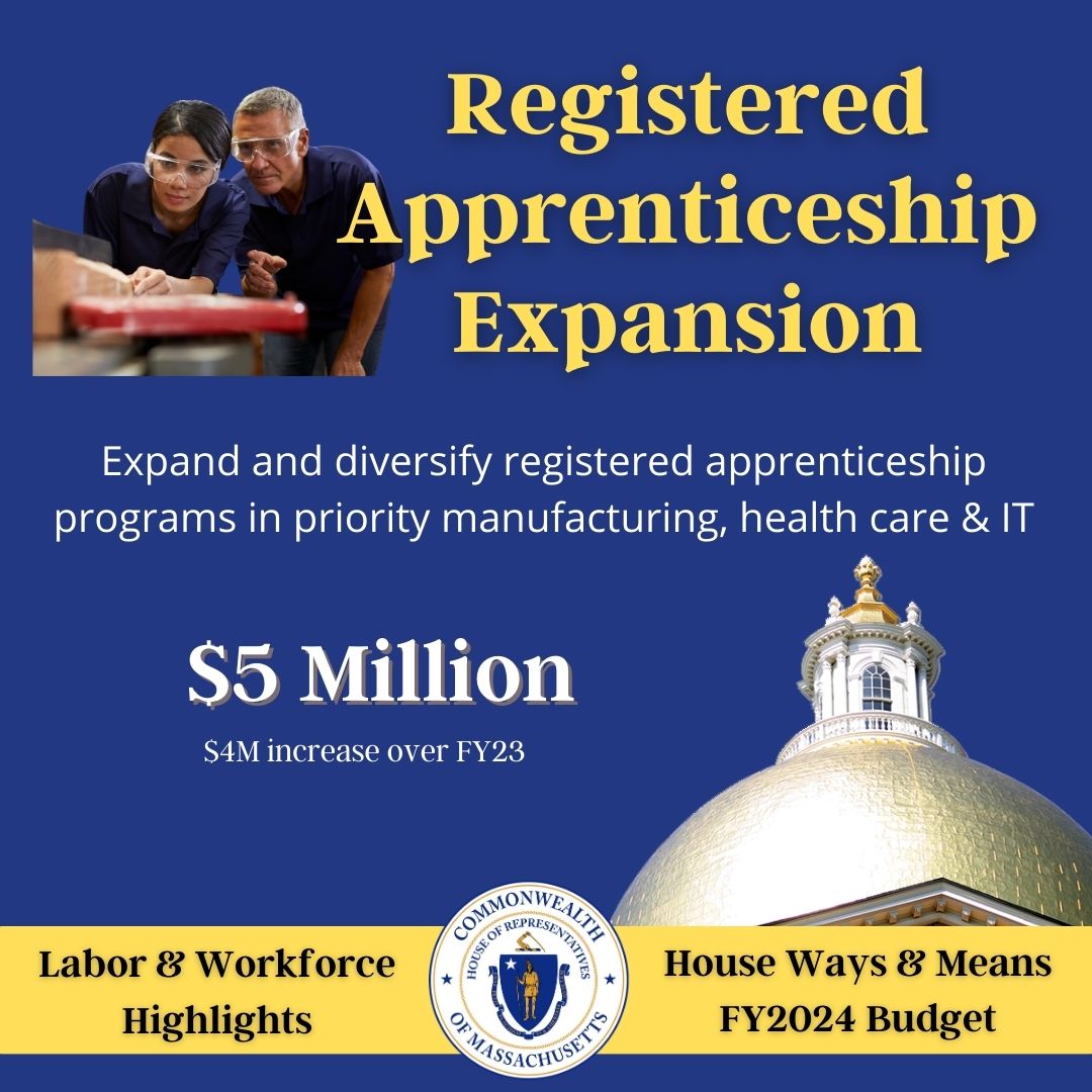 Registered apprenticeships expand career pathways for our future workers and help employers fill key skilled workforce needs. This large increase in the HW&amp;M budget will allow these vital programs to expand and diversify in MA. #mapoli