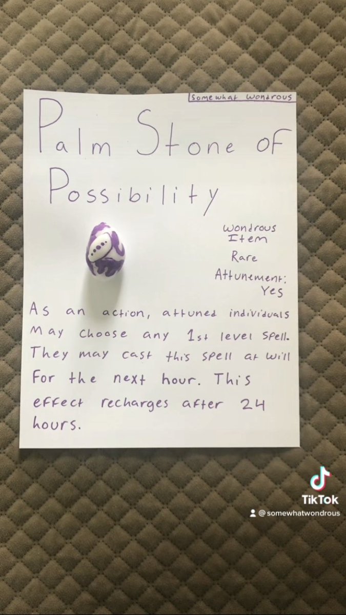 Palm Stone of Possibility: wondrous item

#dnd #dndhomebrew #dungeonsanddragons #dungeonsanddragonshomebrew #homebrew5e #dnd5e #fyp #fypシ #magic #wondrousitem #magicitems #magicitem #diy