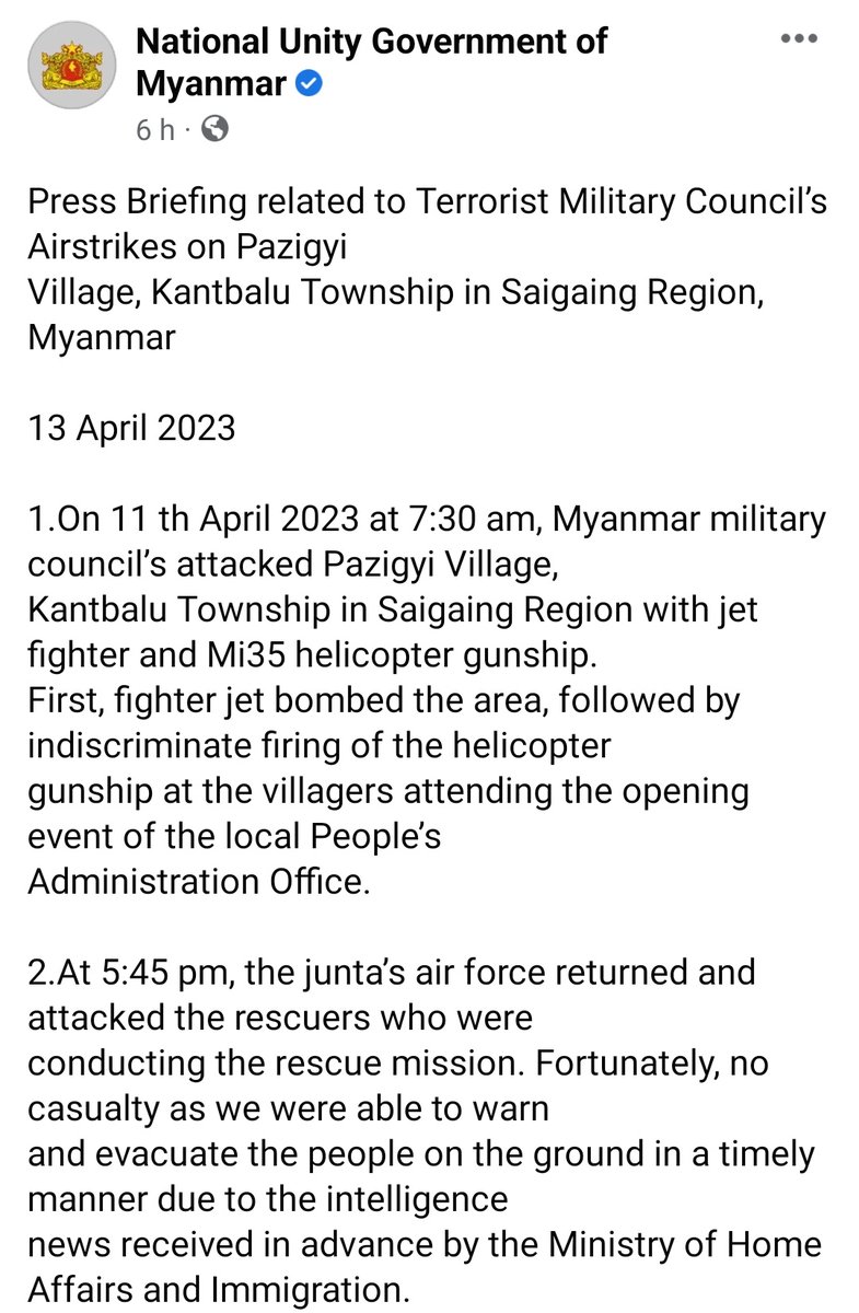 MayWongST's tweet photo. #Myanmar @NUGMyanmar updates that #military air attacks in #Sagaing April 11 killed 165 people including 19 children. Youngest killed was just 6 months. #NUG also tending to injured including a badly burned 8-year-old child. The attack has displaced 300. #WhatsHappeningInMyanmar https://t.co/ukCFHwJ7g6